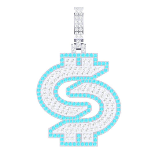Iced Out VVS Moissanite / Aqua CZ xCA$Hx Logo Pendant - White and Aqua